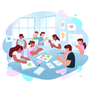 A group of children is engaged in an illustration workshop inside a gallery, surrounded by walls displaying various colorful artworks. Each child is focused on their own canvas, using a variety of art supplies such as paints, brushes, and markers. The tables are cluttered with vibrant palettes, paper, and tools used for creating art. Sunlight streams through large windows, illuminating the space and casting playful shadows on the floor. The atmosphere is filled with a sense of creativity and excitement as the children express themselves through their colorful creations.