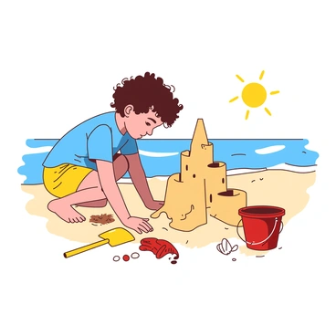 A young child with curly brown hair is crouched on a sandy beach, focused intently on building a sandcastle. The child is wearing a bright blue t-shirt and yellow shorts. Next to the child, there is a small red bucket and a yellow spade, with some scattered seashells and smooth pebbles around. The sandcastle is taking shape with turrets and walls, showcasing the child's creativity. In the background, gentle waves are lapping at the shore, and the sun is shining brightly overhead, casting playful shadows on the sand.