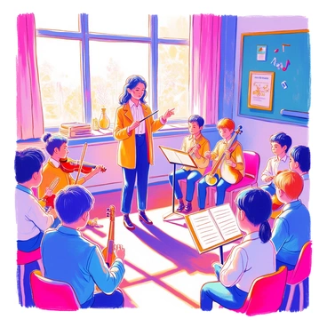 A music teacher stands in front of a classroom, actively conducting a group of students who are performing for their BAC exam. The teacher is wearing a smart, professional outfit and has a baton in hand. The students, a diverse group of boys and girls, are positioned in a semi-circle, each holding various musical instruments such as violins, flutes, and a guitar. Music sheets are placed on stands in front of them. The classroom is decorated with musical notes and posters of famous composers. Sunlight streams through the windows, illuminating the scene.
