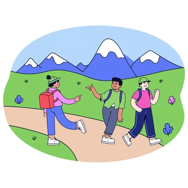 A group of three friends hiking along a scenic dirt trail. One friend is wearing a bright red backpack, while another has a green cap. The friends are surrounded by rolling hills covered in green grass and a few scattered wildflowers. In the distance, there are tall mountains with snow-capped peaks under a clear blue sky. One friend is pointing towards the view ahead, while the others are smiling and enjoying the moment.