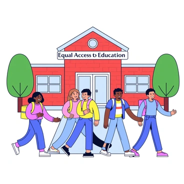 A school building with a red brick exterior and large windows. In front of the school, a group of girls and boys is walking together on a paved pathway. The girls wear colorful backpacks and are dressed in casual clothing. The boys also carry backpacks and are wearing a mix of t-shirts and shorts. They are smiling and interacting with each other, showcasing a sense of camaraderie. Above the school entrance, the words "Equal Access to Education" are displayed in bold letters. Trees line the pathway, adding greenery to the scene.