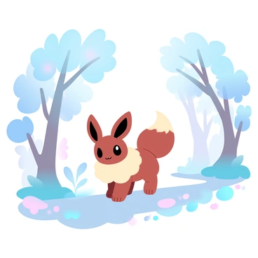 An "Eevee" is walking along a path in a forest. The trees surrounding the Eevee have "glass-like leaves" that shimmer in soft, gradient pastel colors. Sunlight filters through the branches, casting colorful reflections on the ground. The forest floor is covered with soft moss and scattered flowers. In the background, tall trees stretch into the sky, enhancing the enchanting atmosphere of the scene.