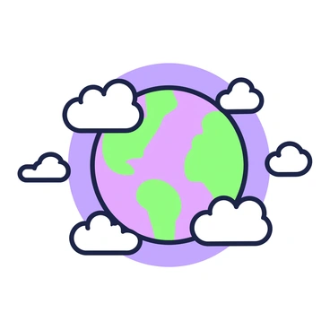 A depiction of "Earth" as the central element, showcasing its continents and oceans. The planet is encircled by "fluffy clouds" that have a soft, rounded appearance, and are arranged around its circumference. The backdrop features a "blue sky" that stretches outwards, enhancing the sense of openness and tranquility. The clouds vary in size and shape, creating a dynamic and inviting composition around the Earth.