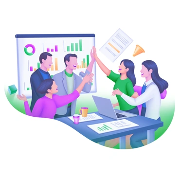 A group of five diverse professionals celebrating a successful business proposal. They are gathered around a table with documents and a laptop open in front of them. Each person is giving high-fives to one another, displaying expressions of joy and excitement. The individuals are dressed in smart-casual attire, with a mix of colors including blue, green, and gray. In the background, there are colorful charts and graphs displayed on a whiteboard, contributing to the atmosphere of achievement. A few coffee mugs are scattered around the table, adding to the casual office setting.