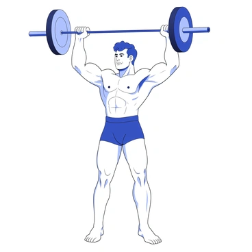A weightlifter is positioned in a strong stance, hoisting a barbell above their head. The lifter's muscles are tense, showcasing the strain and effort involved in the lift. Their legs are bent slightly at the knees, providing stability. The barbell is horizontal, with weights on either side, and the lifter's arms are fully extended, emphasizing the upward force being exerted. The lifter is focused, with determination evident in their expression, as they maintain balance during the lift.