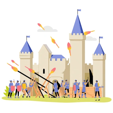 A medieval castle with tall stone walls and a majestic tower stands under siege. Several large wooden catapults, their arms pulled back, launch flaming projectiles through the air towards the castle. The projectiles leave trails of orange flames as they arc overhead. Soldiers in armor, some holding shields, gather around the catapults, while others take cover behind wooden barricades. The sky is filled with smoke from the burning projectiles, and the ground is littered with debris and scattered weapons.
