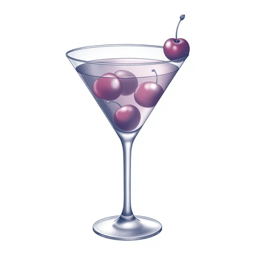 A stylish glass filled with a cocktail. The drink contains multiple cherries floating on the surface, showcasing their glossy texture. A single cherry is perched on the rim of the glass as a garnish. The glass has a sleek design, emphasizing the elegant structure of the cocktail. The setting highlights the drink's presentation, enhancing its appeal.