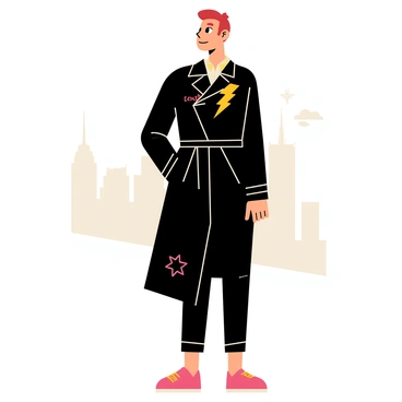 A character wearing a dark trench coat that flows down to their ankles. The trench coat has various superhero emblems subtly peeking through, including a lightning bolt and a star. The character's face is partially shadowed, giving them an air of mystery. They stand with one hand in their pocket and a confident stance. The background features a simple cityscape silhouette, hinting at their superhero identity.