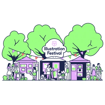 An outdoor festival is taking place in a park, featuring numerous booths filled with various illustrations and artworks. Each booth is distinctively decorated, showcasing a range of artistic styles and mediums. Attendees are walking around, examining the displayed pieces. Some are engaged in conversation with the artists, while others are admiring framed illustrations and prints hanging on display. Colorful banners indicating the names of participating artists are strung between booths. A large central sign reads "Illustration Festival" in bold letters, while a group of children is seen participating in a drawing workshop nearby. Closely clustered together, trees provide shade over the bustling festival grounds.