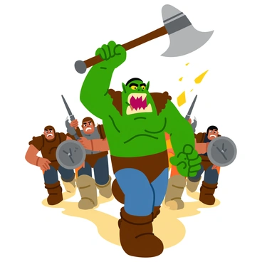 An orc with green skin and muscular build leads a charge into battle, raising a large battle axe above his head. He has fierce yellow eyes and tusks protruding from his lower jaw. His armor is battered and spiked, showcasing signs of previous battles. Around him, several fellow warriors, clad in various types of armor, follow closely, their faces displaying determination and aggression. The orc opens his mouth wide as he emits a fierce roar, rallying his comrades with energy. Dust and debris are kicked up around them, adding to the intensity of the scene.