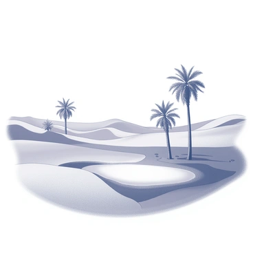 A vast desert landscape with endless stretches of sand dunes under a clear sky. In the distance, a phantom oasis appears, shimmering with an ethereal quality. Several tall palm trees are planted around the oasis, their fronds swaying gently. The ground is parched, with small cracks in the sand indicating the harsh environment. The oasis reflects the light, creating a visual illusion that draws the eye towards it. The scene captures the surreal beauty of the mirage, contrasting the dry desert with the lush greenery of the palm trees.