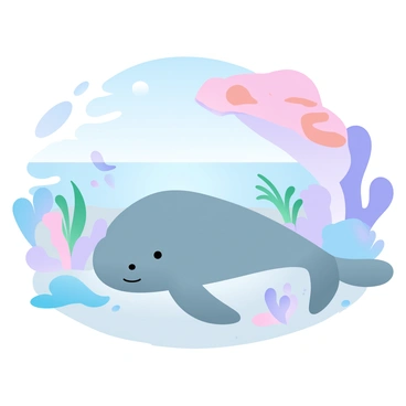 A dugong is resting quietly on the sandy ocean floor beneath the shade of a large coral structure. The dugong has a smooth gray body and is surrounded by various marine plants swaying gently in the water. The coral structure is vibrant with shades of pink, purple, and orange, creating a contrast against the blue ocean backdrop. Small fish swim nearby, adding movement to the tranquil scene. Sunlight filters through the water, casting soft rays that illuminate the dugong and the coral.