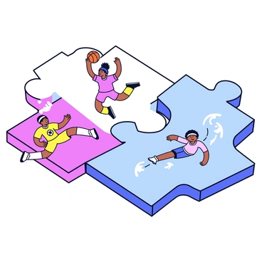 A jigsaw puzzle with large, interlocking pieces. The puzzle features a vibrant scene divided into three sections. On the left, there is an illustration of a soccer player in a bright jersey, kicking a ball towards a goal. In the center, a basketball player jumps to make a shot, wearing a headband and holding the basketball high above. On the right, a swimmer is mid-stroke in a clear blue pool, with splashes of water visible around. Each section is distinct yet connected, showcasing the excitement of sports activities.