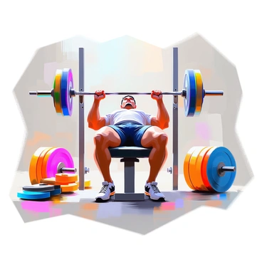 A barbell bench press setup featuring a black barbell with weights on either side, positioned above a padded bench. The bench is in the center of the image, and a muscular person with a focused expression is lying on it, gripping the barbell firmly. The lifter has short black hair and is wearing a fitted athletic shirt and shorts. Surrounding the bench press are various weights in vibrant colors and dynamic shapes, symbolizing energy and movement in the scene, while the background is a light tone to highlight the action.
