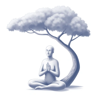 A humanoid figure with a serene expression is seated cross-legged on the ground. The figure is depicted with a smooth surface texture and a posture that suggests deep meditation. Above, a large tree spreads its branches, providing shade over the figure. The tree trunk is thick and sturdy, with detailed bark texture, while its leaves form a dense canopy. The setting conveys a sense of tranquility, emphasizing the relationship between the meditating figure and the natural surroundings.