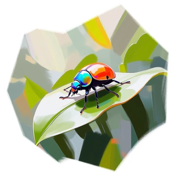 A vibrant beetle with iridescent green and blue hues is crawling along the surface of a large tropical leaf. The leaf is broad, with prominent veins and deep green coloration, reflecting the lush environment of the rainforest. Surrounding the leaf are various shades of green foliage, with glimpses of other plants and leaves in the background, creating a dense and vibrant habitat. Soft light filters through the canopy above, casting dappled shadows on the leaf and emphasizing the colorful details of the beetle’s exoskeleton.