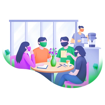 A modern pastel illustration of a café setting filled with a group of friends. Each person is seated around a round table adorned with a simple flower vase. They are animatedly engaged in conversation, but their faces are obscured by various objects, such as coffee cups, notebooks, and a menu. The café has large windows letting in soft light, and colorful decor creates a warm atmosphere. In the background, a barista can be seen preparing drinks, adding to the lively ambiance.