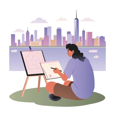 An artist sitting by the East River, sketching the Manhattan skyline