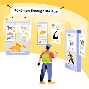 A trainer standing in a brightly lit Pokémon museum, gazing in awe at various exhibits showcasing "different Pokémon species throughout history." The walls are adorned with colorful posters depicting ancient Pokémon alongside their modern counterparts. Display cases feature "fossils of long-extinct Pokémon" and "models of mythical Pokémon," highlighting their unique features. The trainer, wearing a cap and a backpack, is taking notes with a pen, clearly fascinated by the information presented. A large banner reading "Pokémon Through the Ages" hangs prominently above the exhibits.