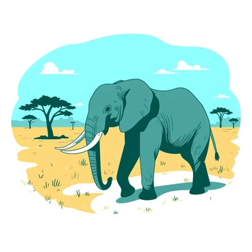 A teal majestic elephant with large tusks is walking proudly across a wide expanse of golden savanna grass. The elephant's skin is textured and wrinkled, emphasizing its size and strength. In the background, there are sparse trees silhouetted against a bright blue sky, creating a sense of vastness. The sun casts soft shadows on the ground, highlighting the contours of the elephant's body as it strides confidently.