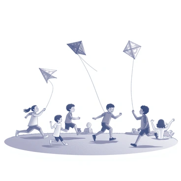 A lively outdoor festival scene with several children engaged in flying kites. The children are of diverse backgrounds, joyfully running and holding the strings of large kites that are shaped like fish, each displaying unique patterns and designs. The background features a clear sky, providing a bright and open atmosphere. There are grassy areas where families and friends gather, some sitting on picnic blankets while others cheer on the kite flyers. The overall scene conveys a sense of happiness and community.