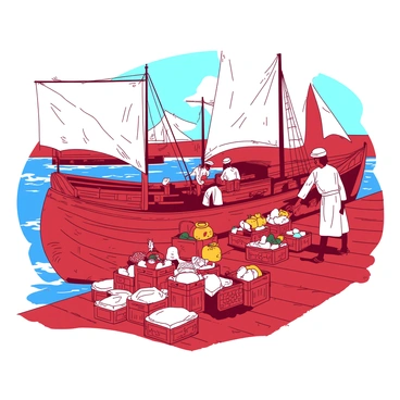 A red ancient port is bustling with activity as wooden ships line the dock, their sails furled against the masts. Several sailors, dressed in traditional attire, are energetically unloading crates filled with exotic goods. The goods include vibrant fabrics, colorful spices, and ornate ceramics, all piled high on the weathered wooden planks of the dock. In the background, a vibrant blue sea stretches out, with waves gently lapping against the hulls of the ships. The sky is clear, allowing sunlight to illuminate the scene, casting dynamic shadows across the bustling port.