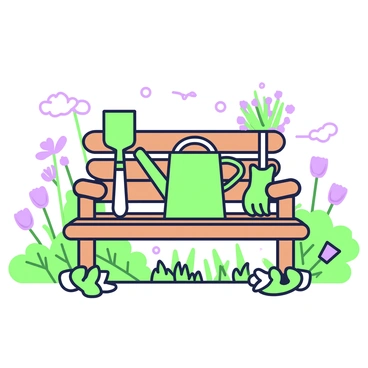 A set of gardening tools is neatly arranged on a wooden bench. On the left, there is a green hand trowel and a green pruner, positioned next to a green pair of gardening gloves. A green watering can is placed prominently in the center of the bench. To the right, there is a small green shovel and a green rake. Surrounding the bench, a variety of flowers are blooming in vibrant colors, with the garden lush and full of greenery. A soft breeze causes the flowers to gently sway.
