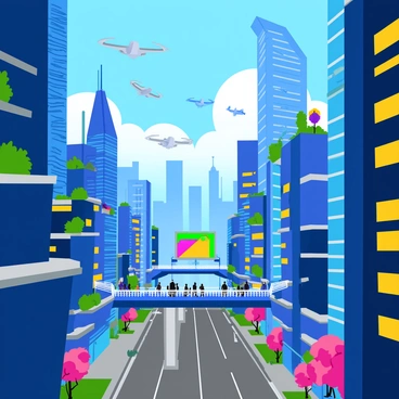 A futuristic cityscape filled with tall, sleek buildings made of glass and steel, showcasing advanced technology. The skyline is dotted with flying vehicles zipping through the air, some resembling large drones while others appear more like small aircraft. Bright, neon lights illuminate the streets below, creating a vibrant atmosphere. Elevated walkways connect the buildings, teeming with pedestrians. Patches of greenery, such as vertical gardens on building sides, add a splash of color to the urban scene. In the distance, a large, glowing digital billboard displays a colorful advertisement.