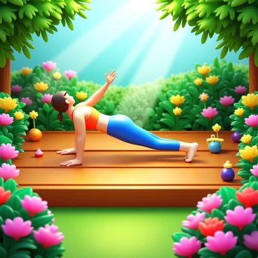 A wooden deck positioned in the middle of a vibrant garden filled with colorful flowers and lush greenery. On the deck, a person is performing a side plank exercise. The individual is dressed in athletic clothing, with their body positioned horizontally, supported by one arm while the other arm is extended towards the sky. Sunlight filters through the leaves, creating patterns on the deck, while small garden ornaments are scattered around, adding charm to the scene.