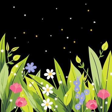 A garden at night filled with lush green plants and colorful flowers. Numerous fireflies flicker throughout the garden, resembling tiny flames as they illuminate the surroundings with their glowing yellow and green lights. The dark sky above is dotted with stars, providing a backdrop to this magical scene. Soft shadows are cast by the flowers and leaves, enhancing the enchanting atmosphere of the garden.