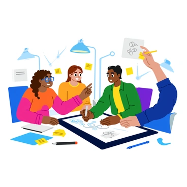 A diverse design team consisting of three members is gathered around a large digital tablet. One team member, with short curly hair, is actively sketching ideas with a stylus, while another, wearing glasses, is pointing at the screen, discussing concepts. The third member, with long straight hair, is taking notes on a notepad. The workspace is filled with colorful sketches, post-it notes, and design tools scattered around the tablet. Bright overhead lights illuminate the scene, emphasizing the collaboration and creativity taking place.