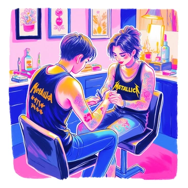 A tattoo artist with short black hair is focused on inking a “Metallica” logo on a client's arm. The artist is wearing a black tank top adorned with various tattoo designs. The client, seated comfortably on a black leather chair, has an expression of concentration. The tattoo parlor features walls decorated with framed tattoo artwork and various tattoo supplies scattered on a nearby table. A soft light illuminates the area, creating a warm ambiance.