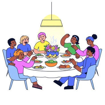 A large dinner table is filled with various dishes, including bowls of colorful salads, roasted vegetables, and a steaming pot of pasta. In the center of the table is a vibrant centerpiece made of fresh flowers. Family members of different ages are seated around the table, smiling and engaging in animated conversations. Some members are reaching for food, while others are laughing and sharing stories. The warm light from a chandelier above creates a cozy atmosphere.