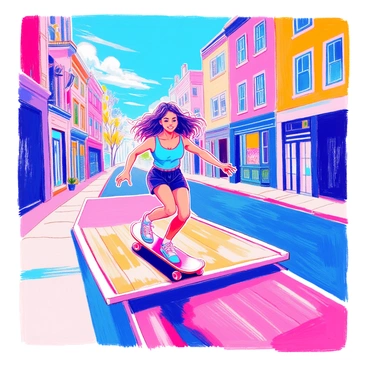 A woman with long hair is skateboarding down a city street. She is wearing a bright blue tank top and black shorts. She is smiling as she effortlessly glides over a wooden ramp. The street is lined with modern buildings and a few trees. In the background, a clear blue sky is visible, enhancing the vibrant atmosphere of the scene.