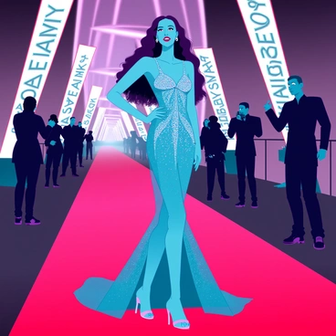 Aaliyah is walking the red carpet in a stunning evening gown that shimmers under the bright lights. The gown features intricate beadwork and is form-fitting, accentuating her silhouette. She has long, dark hair styled in soft waves cascading down her shoulders. Her makeup is bold, highlighting her eyes and lips, contributing to her confident appearance. Aaliyah is flashing a radiant smile, showcasing her charisma as she poses for the cameras. The red carpet is lined with photographers, capturing the moment, and there are elegant banners in the background, enhancing the glamorous atmosphere.