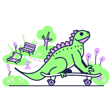 A playful crested gecko is riding a tiny skateboard in a miniature park. The gecko has a textured skin with distinct crests along its back. In the background, there are miniature trees with green and purple leaves, creating a whimsical atmosphere. The skateboard is brightly colored, with detailed patterns. The park includes small benches and a winding path, all scaled down to fit the scene. There are tiny flowers and grass scattered around the park, enhancing the playful environment. The gecko appears focused, balancing skillfully on the skateboard as it glides along the path.