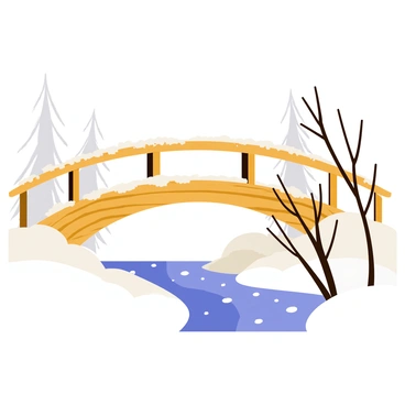A wooden bridge with a rustic design, covered in a thick layer of white snow, arches gracefully over a gently flowing creek. The bridge's wooden beams and railings are dusted with snowflakes, contrasting against the deep blue water of the creek below. Snow-covered trees line the banks of the creek, their branches bending under the weight of the snow. The scene is tranquil, evoking a sense of winter beauty.