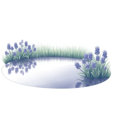 A serene pond with still water reflecting a field of bluebonnets. The bluebonnets are abundant, creating a vibrant foreground with delicate petals and slender green stems. The surface of the pond is smooth, capturing the flowers' reflection perfectly. Above, a clear sky stretches, providing a sense of openness and tranquility. The landscape is framed with lush greenery surrounding the pond.