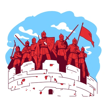 A group of red medieval soldiers stands firmly on top of a stone castle wall, each gripping a sword in hand. The soldiers are wearing shining armor, decorated with intricate designs, and their faces are focused with determination. Some soldiers are shouting orders, while others are ready for battle, gazing towards the horizon. The stone wall is weathered, showcasing moss and cracks, with flags waving in the wind. In the background, a blue sky is visible, with wispy clouds scattered throughout.