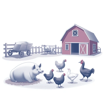 A barnyard scene featuring several animals interacting. In the foreground, there is a large pig with a friendly expression, sitting on hay. Nearby, a group of chickens is gathered, some pecking at the ground, while others are looking up, seemingly engaged in conversation. A goat stands beside a wooden fence, gazing curiously at a duck waddling by in the grass. In the background, there's a traditional red barn with a weathered texture, and a wooden cart with a wheel leaning against it. The sky is clear, creating a bright atmosphere for the lively animal interactions.