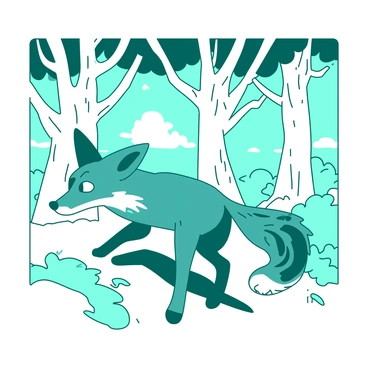 A playful fox with a fantastical design, darting through the trees of a magical forest.