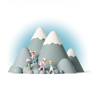 Peeps climbing a mountain with snowy peaks and a clear blue sky