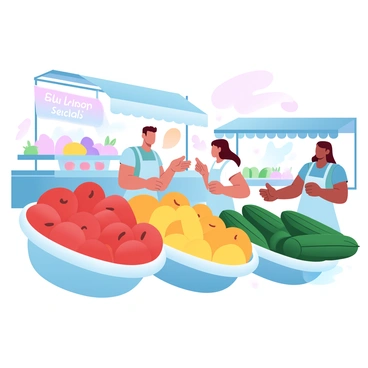 A vibrant local market is filled with an array of colorful fruits and vegetables displayed in neatly arranged baskets. The fruits include bright red apples, sunny yellow bananas, and deep green cucumbers, all showcasing their vivid hues. Nearby, cheerful vendors are engaging with customers, wearing aprons and happily gesturing towards their fresh produce. There are stalls adorned with banners showcasing the day's specials, and a backdrop of quaint market structures painted in soft pastel colors enhances the lively atmosphere.