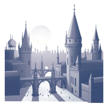 The bustling city of Ankh-Morpork at sunset, with its towers and bridges casting long shadows