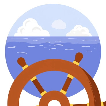 A ship's wheel made of polished dark wood is prominently displayed in the foreground, viewed from the captain’s perspective. The wheel is detailed with brass fittings that catch the sunlight. Beyond the wheel, the vast open sea stretches out, displaying a gradient of deep blue waters under a clear sky. Gentle waves can be seen rolling across the surface, while distant whitecaps hint at the movement of the water. In the background, fluffy white clouds float lazily, adding to the sense of a wide, expansive horizon.