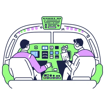 The interior view of a Boeing 727 cockpit is filled with numerous controls and instruments. In the foreground, two pilots are seated in their chairs, both focused on their tasks. The pilot on the left is adjusting a set of dials, while the co-pilot on the right is reviewing a flight checklist. The cockpit features a curved control panel with various gauges and screens displaying vital flight information. Above the pilots, several overhead switches and lights are visible, and in front of the co-pilot, there is a communication panel with an array of buttons. The cockpit windows offer a view of the expansive sky ahead, hinting at the imminent takeoff.