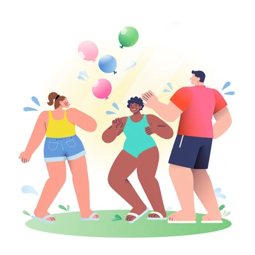 A group of three participants, two women and one man, are standing in a grassy field engaged in tossing colorful water balloons back and forth. The first woman has light skin and brown hair tied in a ponytail, wearing a bright yellow tank top and denim shorts. The second woman has medium skin and curly black hair, dressed in a turquoise swimsuit and white flip-flops. The man, with light skin and short dark hair, is wearing a red t-shirt and black swim trunks. Water balloons in various colors, including pink, blue, and green, are flying through the air between them. Sporadic splashes of water are visible around them, creating a lively scene filled with joy and laughter. Sunlight filters through the trees in the background, enhancing the vibrant colors of the setting.