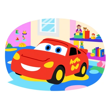 A playful car emblem featuring a cartoonish race car design, complete with large expressive eyes and a smiling face, is attached to the front of a bright red toy car. The toy car is positioned on a soft, multicolored rug that resembles a road map. Surrounding the toy car are various colorful toys, including building blocks and stuffed animals, creating a vibrant atmosphere in the room. The walls of the playroom are painted in pastel colors, and there are shelves filled with books and games, enhancing the cheerful setting.