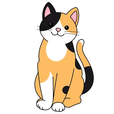 A playful outlined kitten with distinctive calico patches in orange, black, and white colors. The kitten is sitting upright with a curious expression, large round eyes, and slightly perked ears. Its tail is curled around its body, and its paws are neatly tucked underneath. The outline is bold and smooth, emphasizing the kitten's adorable features. The background is simple, allowing the kitten to stand out as the focal point of the image.
