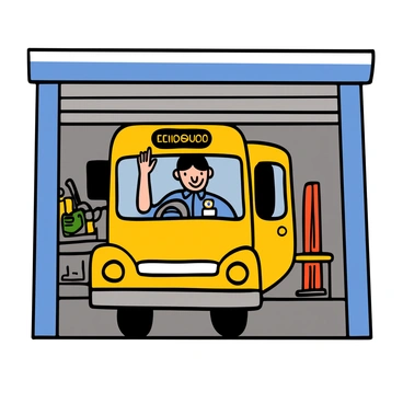 A bus driver with light skin and short black hair is sitting in the driver's seat of a large yellow bus. He is smiling and waving goodbye with his right hand. The bus has the garage door partially open behind it, and tools and equipment are visible in the background inside the garage. The bus driver is wearing a blue uniform shirt with a badge, and the sun is shining, illuminating the scene as he drives the bus out of the garage.